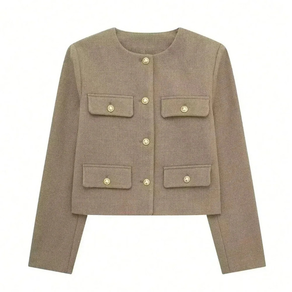 Khaki Casual Women's Tweed Jacket Round Neckline Decorated Long Sleeves Coat - Picture 7 of 8